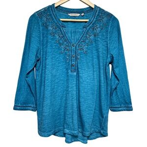 Soft Surroundings Embroidered 3/4 Sleeve Blouse Womens M Beaded Casual Henley
